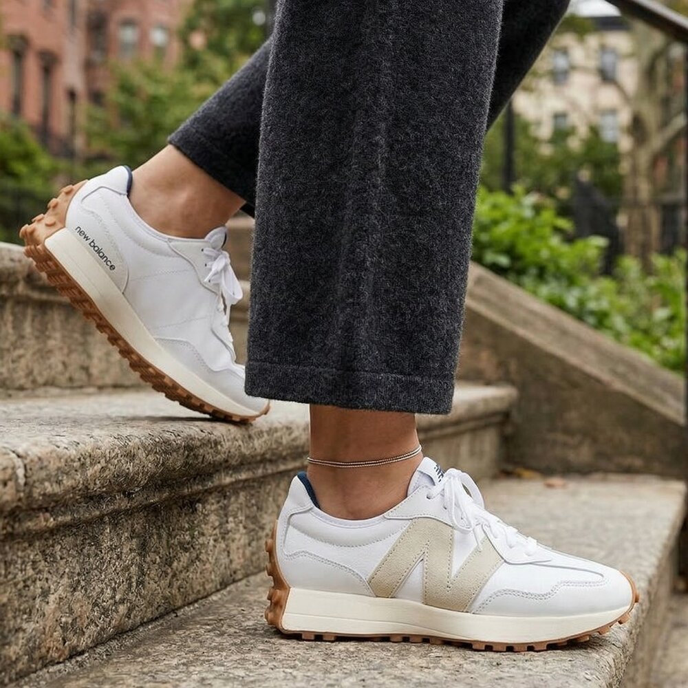 New Balance 327 Golf & Casual LEATHER Women's Sneakers Shoes White Tan size 9